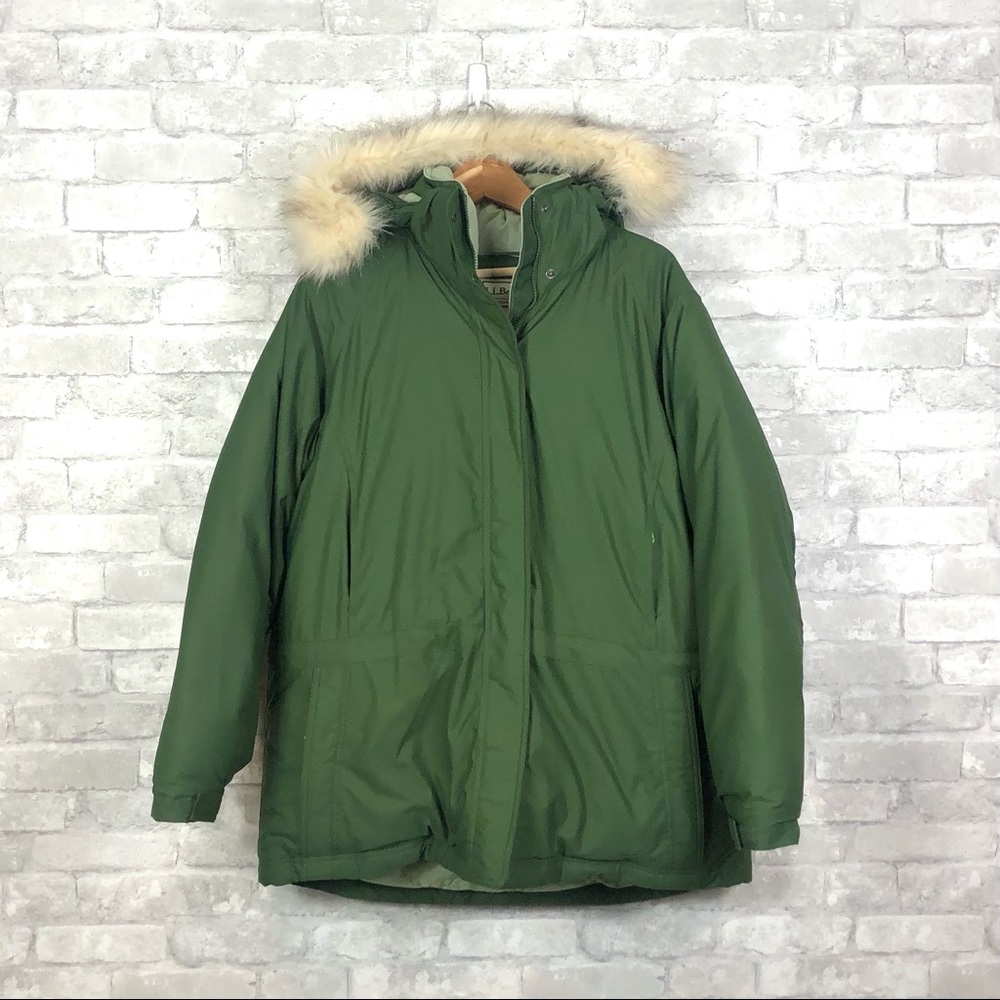 Women's Green Hooded Parka Coat with Faux Fur Trim